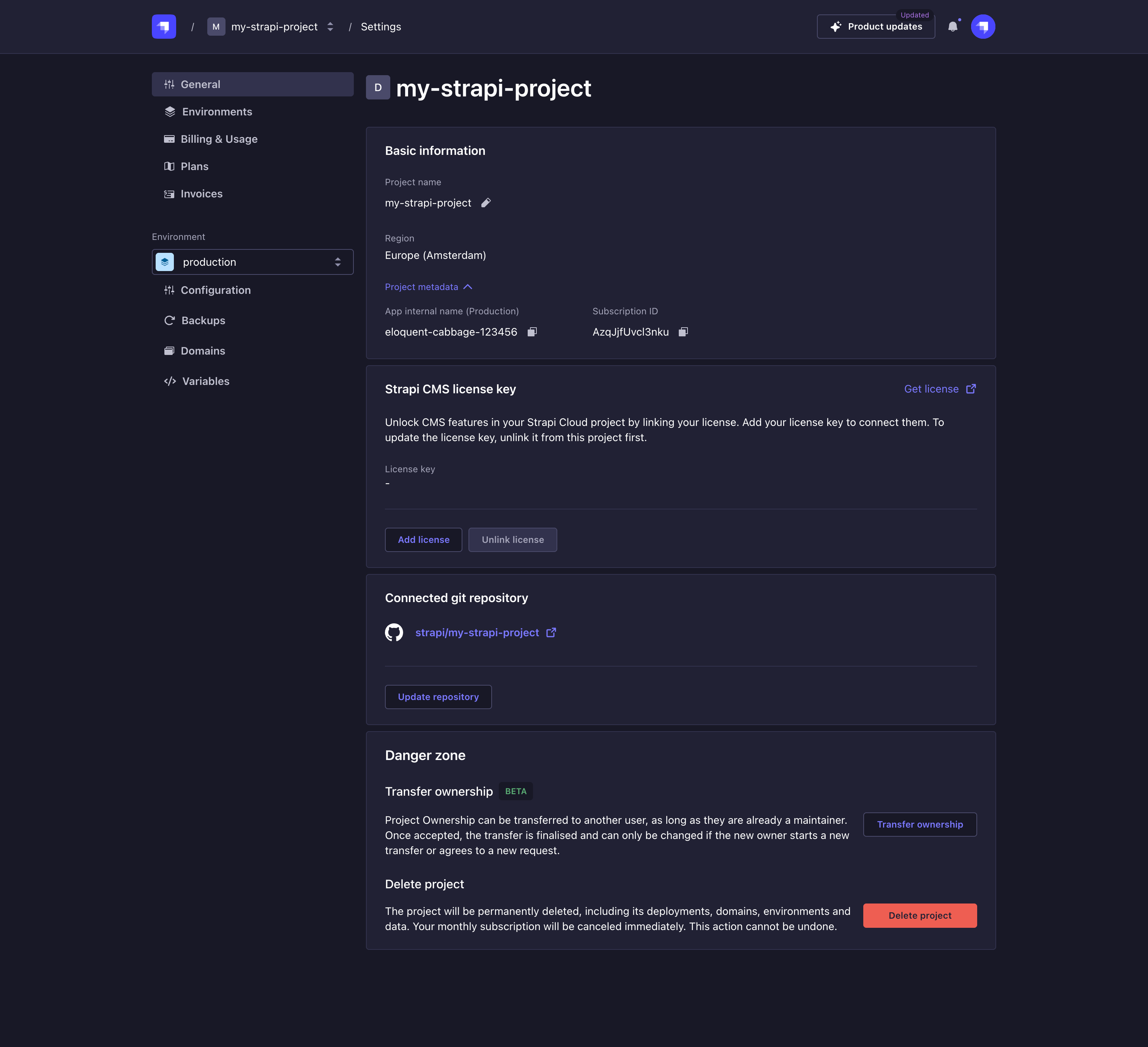 Project settings page